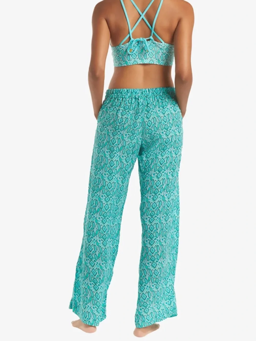 Helen Jon Seaside Pants - Costa Del Sol Teal/Turquoise Geometric Print szL Beach - Picture 2 of 6